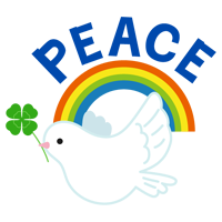 平和「PEACE」の文字と鳩、虹のイラスト