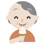 笑顔でソフトクリームを食べる高齢者の女性のイラスト