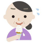 溶けそうなソフトクリームを食べる中年の女性のイラスト