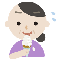 溶けそうなソフトクリームを食べる中年の女性のイラスト