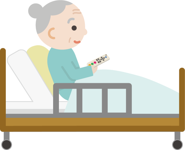 ベッドで上体を起こしてリモコンを操作する高齢者の女性1