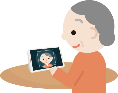 高齢者の女性がタブレット端末で顔認証するイラスト