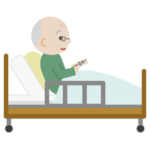 ベッドで上体を起こしてリモコンを操作する高齢者の男性のイラスト1