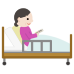 ベッドで上体を起こしてリモコンを操作する中年の女性のイラスト