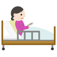 ベッドで上体を起こしてリモコンを操作する中年の女性のイラスト