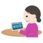 中年の女性がタブレット端末でアプリ画面を見るイラスト