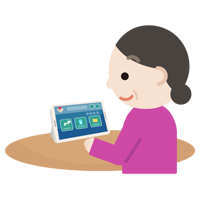 中年の女性がタブレット端末でアプリ画面を見るイラスト