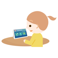 女の子がタブレット端末でアプリ画面を見るイラスト