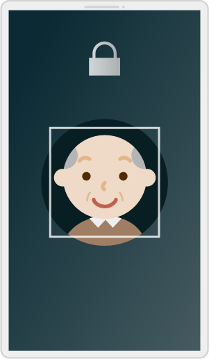 高齢者の男性の顔認証が表示された白いスマートフォンのイラスト
