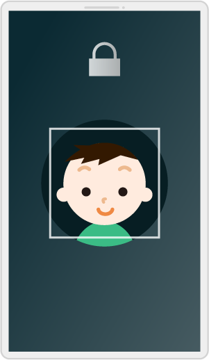 男の子の顔認証が表示された白いスマートフォンのイラスト