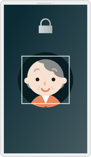 高齢者の女性の顔認証が表示された白いスマートフォンのイラスト