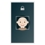 高齢者の男性の顔認証が表示された白いスマートフォンのイラスト
