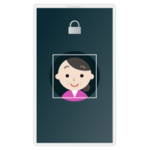 中年の女性の顔認証が表示された白いスマートフォンのイラスト