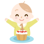 誕生日ケーキを前に喜ぶ赤ちゃん（あかちゃん）のイラスト