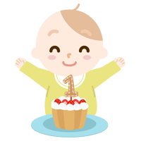 誕生日ケーキを前に喜ぶ赤ちゃん（あかちゃん）のイラスト