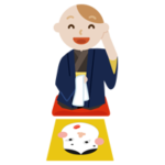 着物を着て福笑いをする若い男性のイラスト2