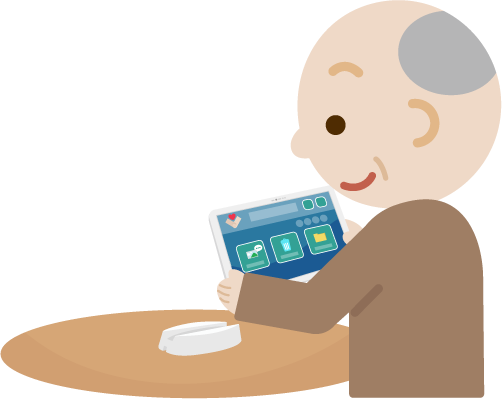 高齢者の男性がタブレット端末でアプリ画面を見るイラスト2