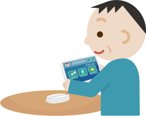 中年の男性がタブレット端末でアプリ画面を見るイラスト2