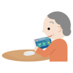 高齢者の女性がタブレット端末でアプリ画面を見るイラスト2