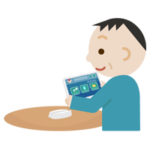 中年の男性がタブレット端末でアプリ画面を見るイラスト2