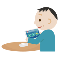 中年の男性がタブレット端末でアプリ画面を見るイラスト2