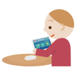 若い男性がタブレット端末でアプリ画面を見るイラスト2