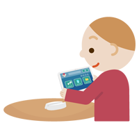 若い男性がタブレット端末でアプリ画面を見るイラスト2