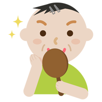 化粧の仕上がりを見る中年の男性のイラスト