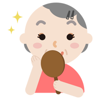 化粧の仕上がりを見る高齢者の女性のイラスト