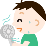 ハンディ扇風機で涼む男の子のイラスト