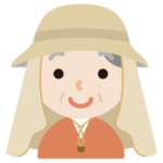 サンシェード付きの帽子を被る高齢者の女性のイラスト（ベージュ）