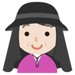 サンシェード付きの帽子を被る中年の女性のイラスト（黒）