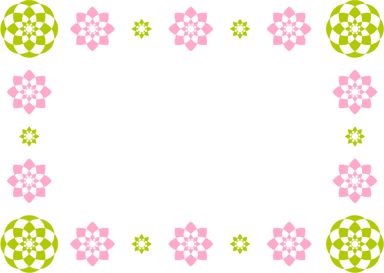 和風の花柄のフレームイラスト（桃・緑）