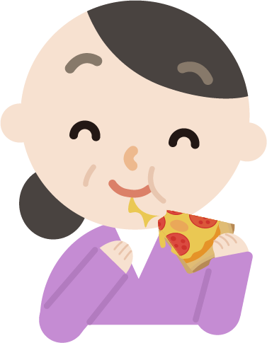 ピザを食べる中年の女性のイラスト