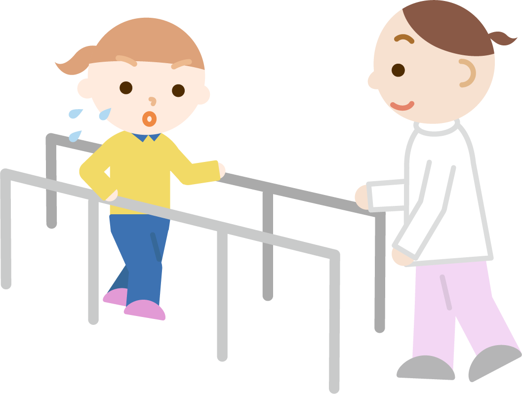 平行棒で歩行のリハビリをする女の子と作業療法士のイラスト 無料イラスト素材のillalet