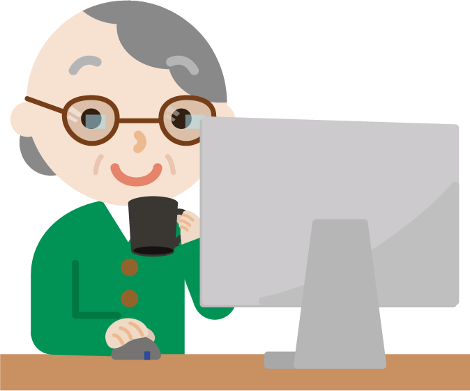 PCメガネを着けてデスクトップPCで作業する高齢者の女性のイラスト