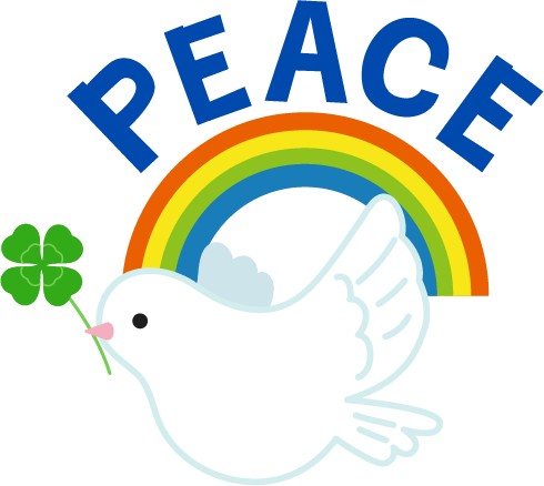 平和「PEACE」の文字と鳩、虹のイラスト
