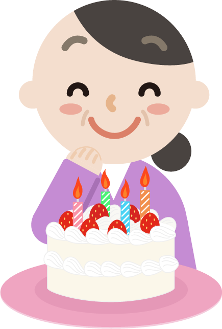 誕生日ケーキを前に喜ぶ中年女性のイラスト