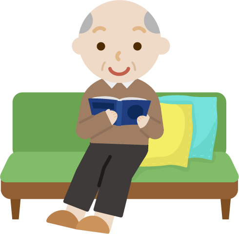 ソファで読書する高齢者の男性のイラスト