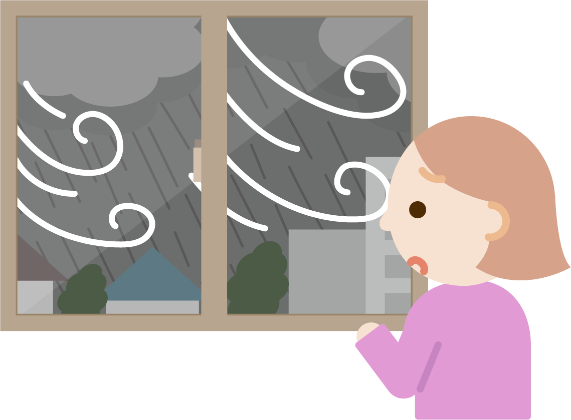 窓から台風、暴風雨を見る女性のイラスト