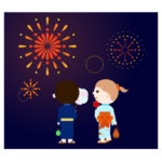 花火と、浴衣を着た子供のイラスト（後ろ）