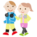ハンズフリー扇風機をつけてウォーキングする若い男女のイラスト