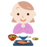 若い女性が焼き鮭定食を食べるイラスト1