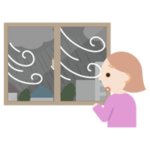 窓から台風、暴風雨を見る若い女性のイラスト