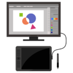 PCに繋がった板タブレットのイラスト（有線）