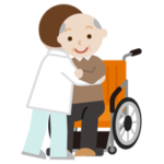 高齢者の男性が車椅子へ移乗介助されるイラスト