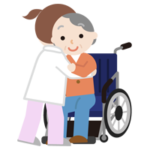 高齢者の女性が車椅子へ移乗介助されるイラスト