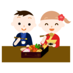 お正月のおせちを食べる子供のイラスト