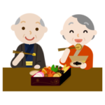 お正月のおせちを食べる高齢者のイラスト