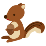 横を向いてどんぐりをもつリスのイラスト（ブラウン）